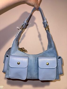 Italian Leather Coach Inspired Baby Blue Cargo Shoulder Bag NWT